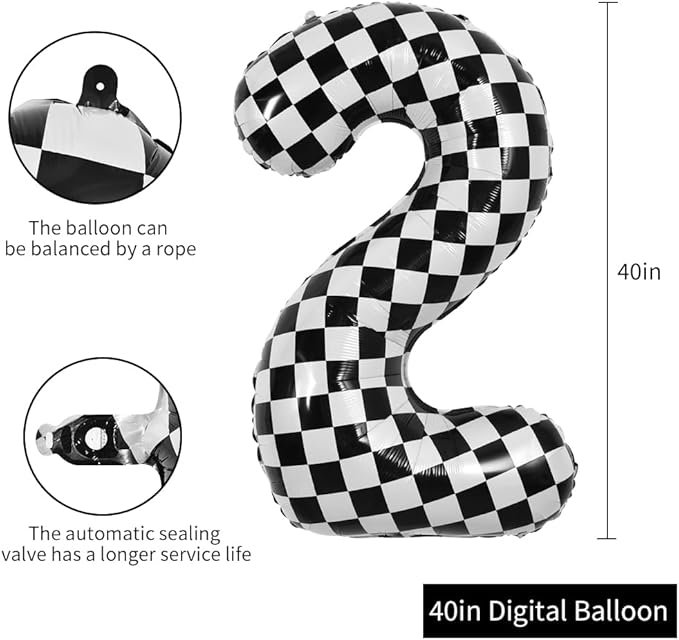 TONIFUL 40 Inch Checkered Number 2 Balloon 2nd Race Car Birthday Party Supplies Black and White Large Number Balloon for Girls Boys 2nd Birthday Fast Race Car Flag Party Decorations