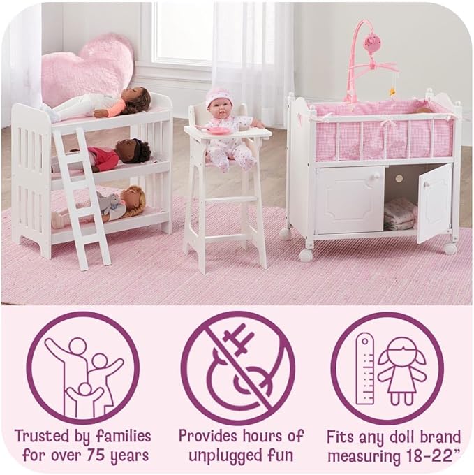 Badger Basket Doll Bunk Bed with Bedding & Ladder - Two Level Wooden Bed for Dolls, Includes Bedding & Accessories- White/Pink Gingham
