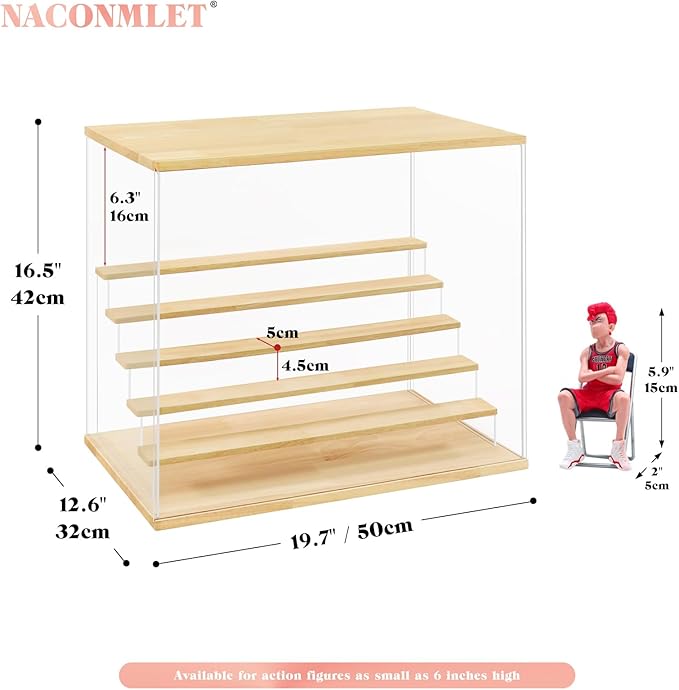 6 Tier Acrylic Display Case with LED Lights, Large Wooden Base Dustproof Showcase for Collectibles, Clear Protection Box for Action Figures, White (19.7" x 12.6" x 16.5")