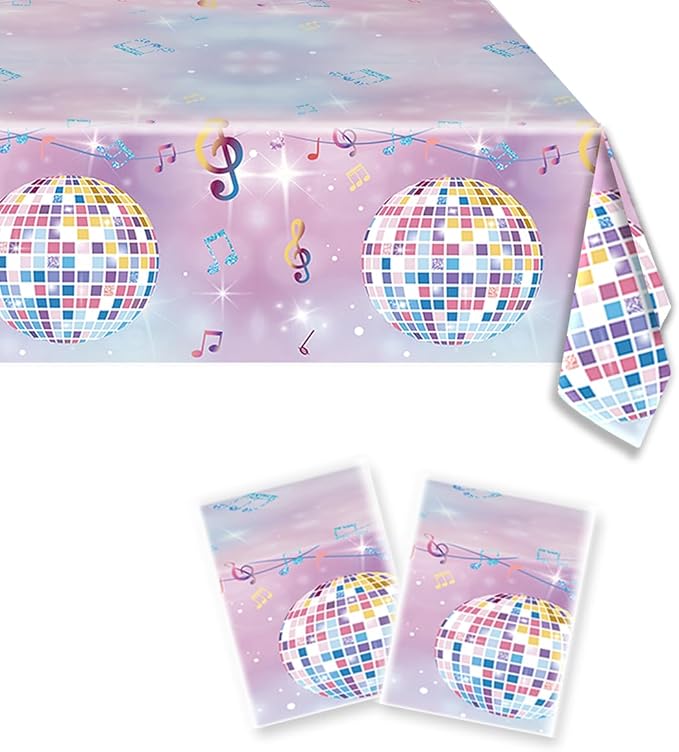 2Pcs 108x54 Inch Disco Ball Party Tablecloth,Music Themed Table Cover for Bachelorette 70s Disco Party Decorations Supplies