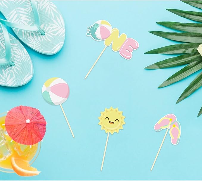 24 Pack Beach Ball 1st Birthday Cupcake Toppers, Pool Party Cake Decoration, Baby's First Birthday Cupcake Topper (1st birthday pink)