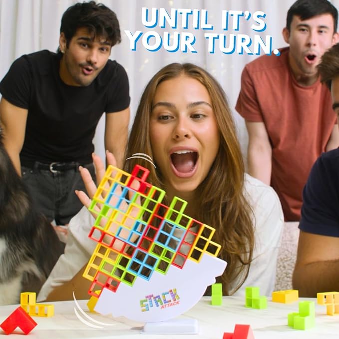 Stack Attack Tower Game, Fun Balance Games for Kids & Adults, Family Game Night Building Block and Stacking Gifts, Includes 48 Pcs & 36 Cards, Novelty Toy Gift