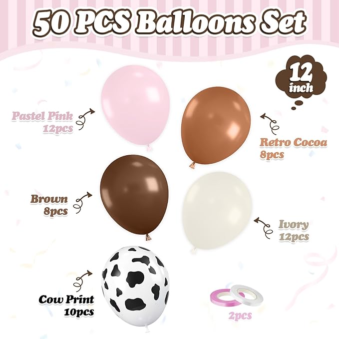 FunHot Pink Cow Balloons, 50 Pcs Pink Brown Balloon, Cowgirl Balloons, 12 Inch Ivory Cow Printed Helium Balloon for Birthday Girls Baby Shower Cow Themed Western Farm Rodeo Cowgirl Party Decorations