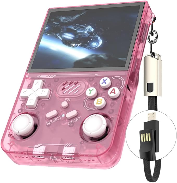 R36XX Retro Handheld Game Console with 64G 3.5 Inch IPS Screen Built-in 20000+ Classic Games Open Source Linux System Portable Pocket Video Player with 3200mah Battery (Translucent Pink)