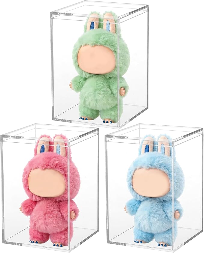 3 Pack Clear Plastic Stackable Display Case with Lid Display Case Compatible with Labubu POP MART Acrylic Clear Display Box Shelf Figure Display Case for Plush Collectibles Action Figures