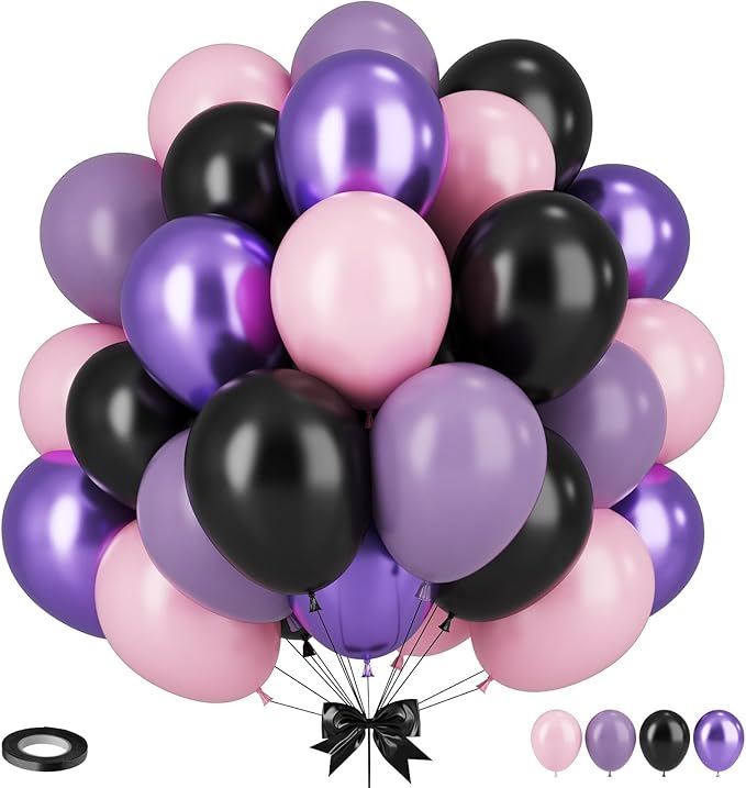 Purple Pink Balloons, 12 Inchs Black Pink Purple Metallic Purple Balloons, Pink and Black Birthday Balloons for Birthday Party Baby Shower Wedding Decorations