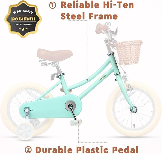 Petimini Vintage Kids Bike for Girls, 12–20 Inch Classic Bicycle with Wicker Basket & Bell, High Tensile Steel Frame, Training Wheels (12–18”), 85% Pre-Assembled, Retro Bike for Outdoor Riding