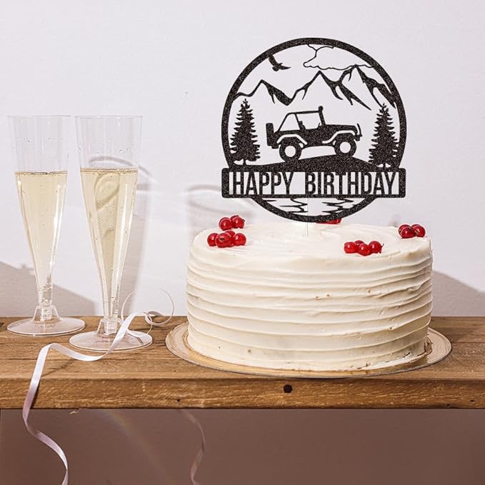 Off-road Vehicle Happy Birthday Cake Topper for Boys Men' Birthday Party Supplies, SUV Jeep Drivers Adventure Themed Cake Topper, Black Glitter