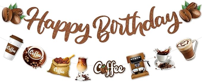 Zwiebeco Brown Coffee Happy Birthday Party Decoration Banner Bunting Garland Hanging Paper for Boys Girls Men Women Adults Cafe Coffee-Themed Birthday Decor Accessories Supplies