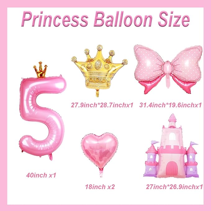 Princess Balloons for 5th Birthday Decorations Girl Castle Balloons Large Pink Crown Number 5 Balloon Pink Foil Balloon for Princess Birthday Party Decorations Supplies