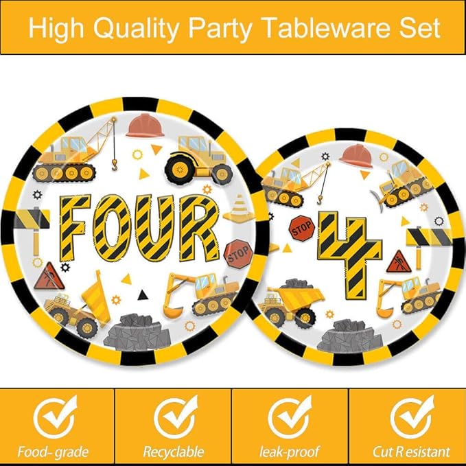 Construction 4th Birthday Party Plates Dump Truck Four Years Old Disposable Paper Dinner Plates Dinnerware for Construction Theme Fourth Birthday Party Supplies Decorations