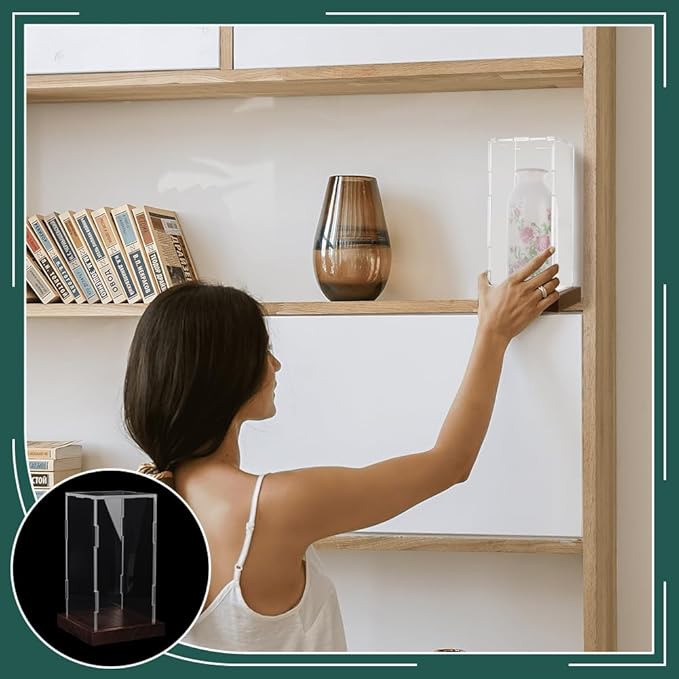 PH PandaHall Clear Acrylic Display Case for Collectibles, Crystal Display Box Dustproof Storage Box with Wooden Base for Collectibles Action Figures Home Office Decoration, 4.7x4.7x8.4 inch