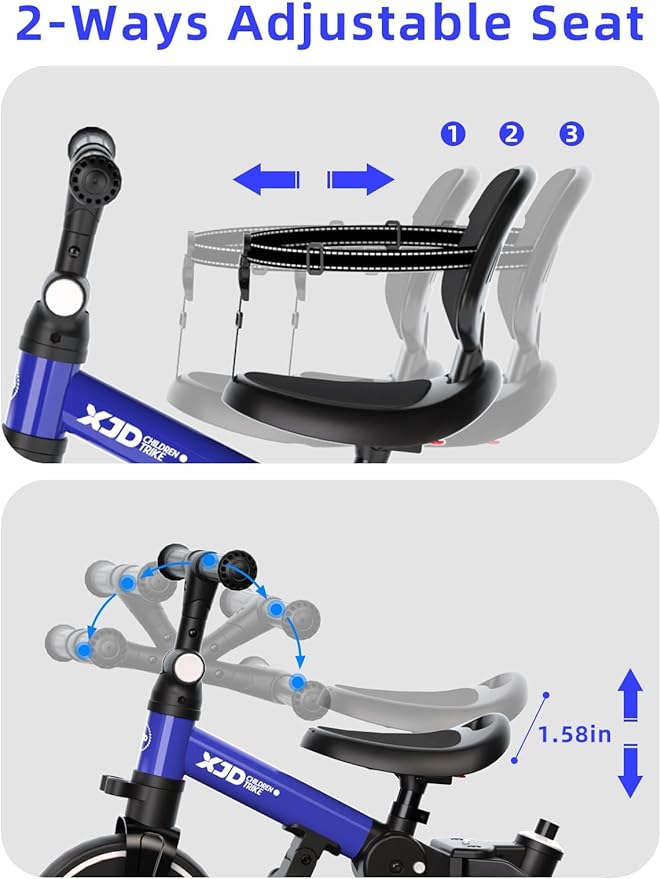 XJD Toddler Bike, 6 in 1 Folding Toddler Tricycle for 1-4 Year Old with Parental Control Handle, Balance Bike with Removable Pedal, Backrest, Adjustable Seat Height, First Birthday Gifts (Blue)