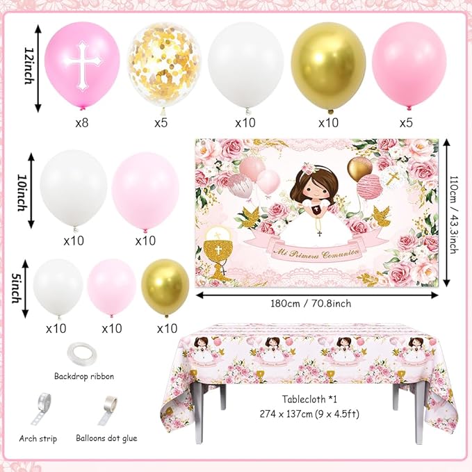 Mi Primera Comunión Decorations for Girls, 90 Pcs Baptism Theme Balloons Mi Primera Comunión Pink Backdrop First Holy Communion Decorations God Bless Baptism Theme Party Supplies