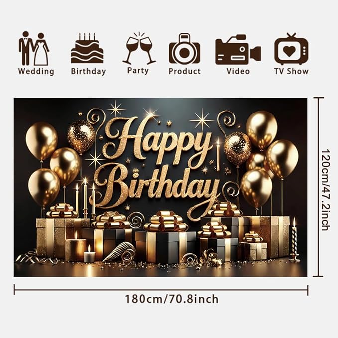 Black Glod Birthday Party Backdrop Luxury Black Glod Happy Birthday Banner Photography Background for Home Decorations Party Supplies 70.8 x 47.2 Inch