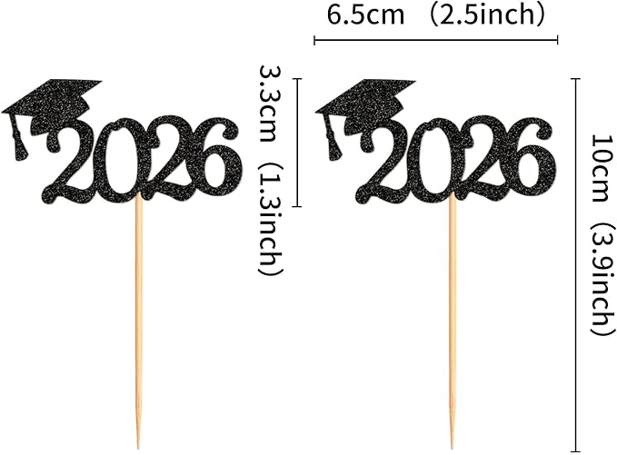24Pcs graduation cupcake toppers 2026, Food/Appetizer Picks For Graduation Party Mini Cake Decorations, 2026 Cupcake Toppers(Black)