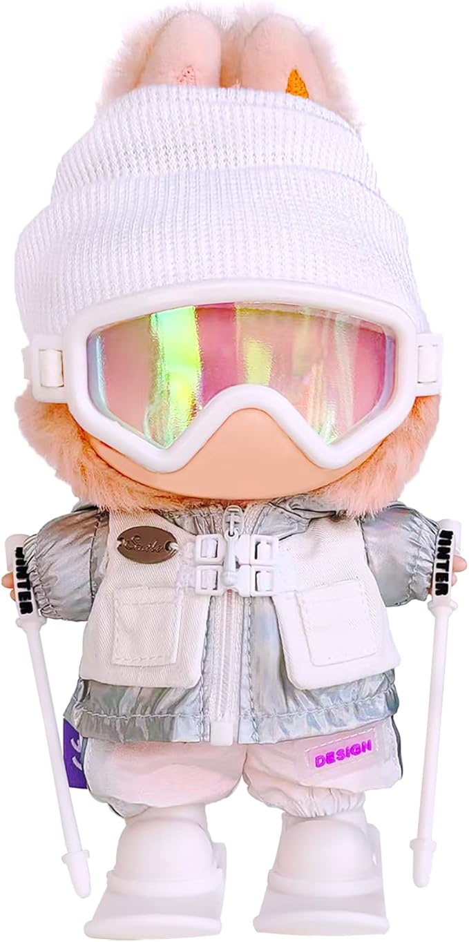 17cm Doll Clothes and Accessories Set for Lububu- Winter Snow Themed Ski Outfits with Mini Hat, Jacket, Pants, Poles, Goggles & Skis, Designer Clothing for Doll Dress-Up and Display(White)