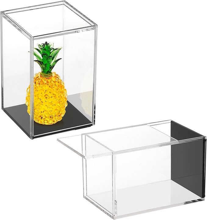 JUXYES Pack of 2 Clear Acrylic Display Case with Sliding Door for Mini Action Figures, Stackable Display Case Cube Small Showcase Free Standing Collectibles Protection Box, Black Bottom