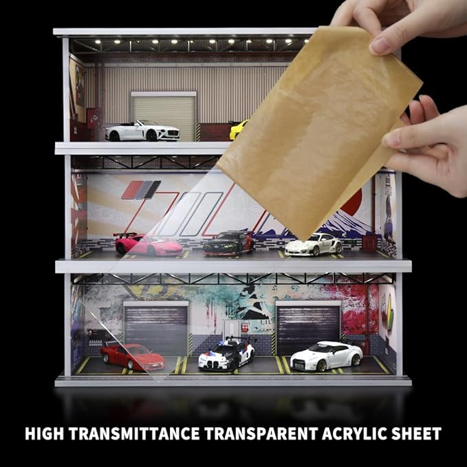 1/64 Hot diecast Wheels Cars Display case - 1/64 Scale Model Cars scenarios Display Box with LED Light and Acrylic Cover, Scenes Parking lot Diorama Storage Garage 6 Parking Spaces (Red Brick)