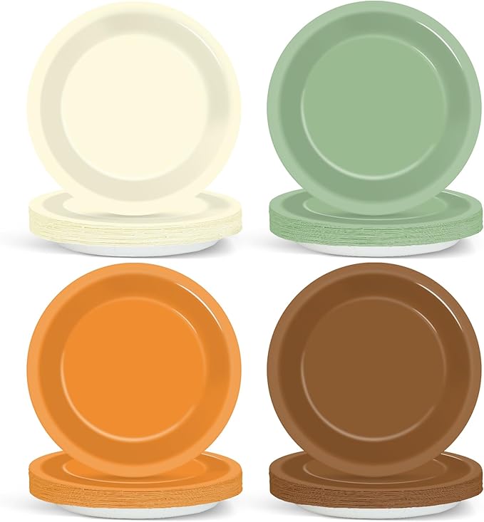 CHUNNIN 48Pcs Safari Party Paper Plates for Woodland Themed Party Supplies 7" Brown Sage Green Disposable Dessert Plates for Spring Birthday Woodland Forest Animal Baby Shower Decor