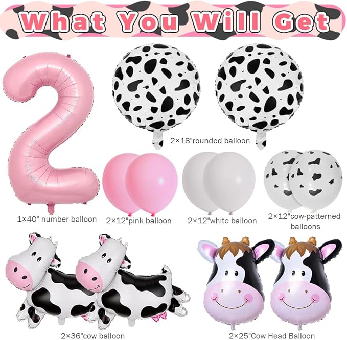 Cow Balloons, Holy Cow Im Two Birthday Decorations Girl Cow Print Balloons 2nd Birthday Party for Cow Farm Animal Theme Cowgirl First Birthday Party Supplies