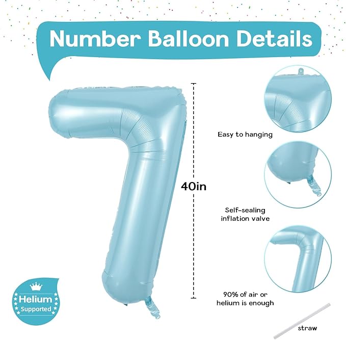 40 Inch 7th Birthday Number Balloon, Baby Blue Foil Giant Self Inflating 7 Balloons, Mylar Light Sky Blue Helium Number 7 Balloons for Boys Kids Birthday Party Decor Anniversary Decorations Supplies