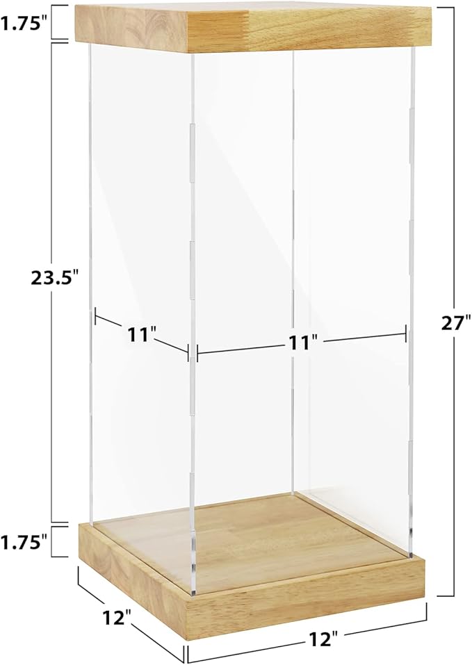 BenchPro Clear Acrylic Display Case for Trophy, Collectibles, Assemble Cube Display Box Stand Dust Proof Protection Showcase for Action Figures Toys. (1.75" Thick Wood, 27" H x 12" L x 12" D)