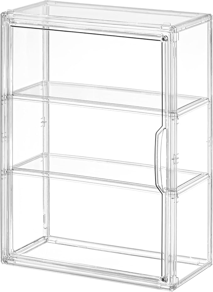 3 Tier Clear Display Case for Figures, Wall-Mounted Acrylic Storage Organizer Box, Stackable Display Cabinet with Magnetic Door & Removable Shelves, Showcase for Collectibles, Figures