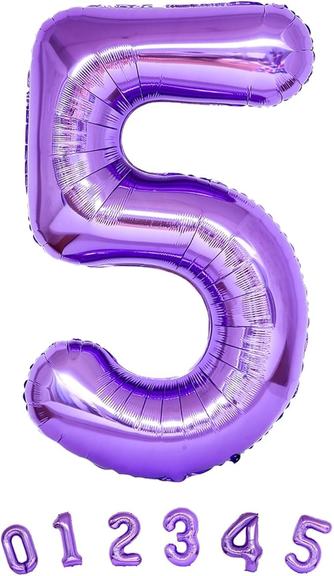 40 Inch Purple Number Balloons, Giant Self Inflating Foil Girls 5th Birthday Number Balloon Decor, for 15th Birthday Party Decoration Women Anniversary Graduation Party Decorations Supplies