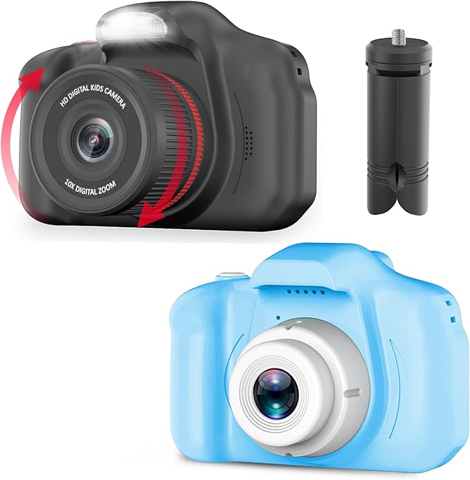 Seckton Kids Selfie Camera for Boys Age 3-9 Blue & Digital Video Cameras with Flash for Kids 6-10, Portable Camera Toy 3 4 5 6 7 8 9 10 Year Old Boys Girls Black