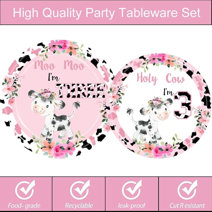 Holy Cow I'm Three Girls Birthday Party Plates Cow Three Years Old Paper Dinner Plates Dinnerware for Farm Animals Cow Themed Girls 3rd Birthday Party Supplies Decorations