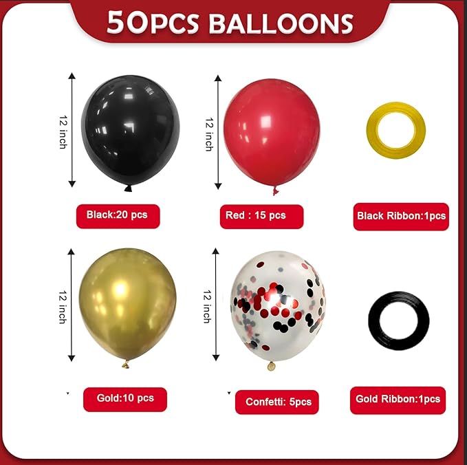Red Black and Gold Party Balloons, Black and Red Latex Balloons 50 Pcs 12 inch Red Black Gold Balloons For Graduation Hollywood Casino Wedding Party Decoration
