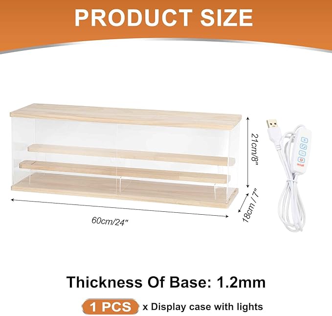 MECCANIXITY Clear Display Case, 3 Layer Acrylic Figure Display Case Clear Display Boxes for Collectibles, Figures Model Toys Home Storage(with Square LED Light, 24x7x8 Inch Wood Base)