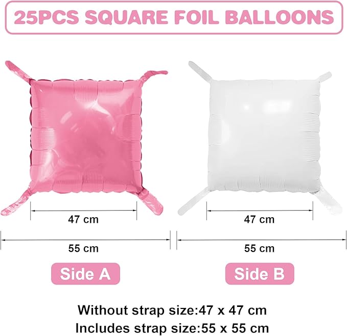 Pink White Square Foil Balloon Wall,25Pcs Double Sided Foil Balloons Backdrop Helium Polyester Tunnel Arch Garland Kit for Birthday Bridal Anniversary Baby Shower Party Decorations