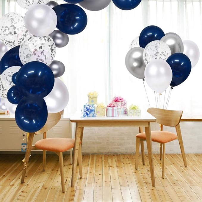 Navy Blue and Silver Confetti Balloons 50 pcs, 12 inch White Pearl and Silver Metallic Chrome Party Balloons for 2026 Graduation Party Decorations (Pack of 2)
