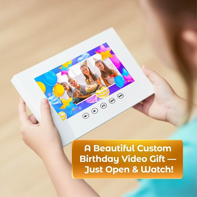 Personalized Kids Birthday Greeting Card – Upload Photos for Slideshow – Unique Video Gift – 7” LCD Digital Screen, 8GB Internal Storage, Rechargeable via USB Cable