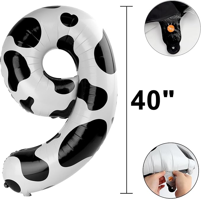40 Inch Cow Print Balloon Number 9,Jumbo Mylar Foil Helium Balloon for 9 19th 29th 39th 90th 99th Digital Balloons for Birthday Party,Wedding Anniversary Party Decorations