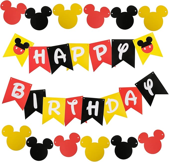 CHuangQi Colorful Happy Birthday Banner with Mickey Style Bunting, Mickey-themed Birthday Party Supplies