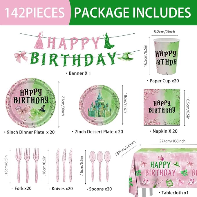 142pcs Pink and Green Witch Party Decorations Tableware, Witch Table Centerpieces Party Supplies, Tableware Set Paper Cups for Girls Birthday Party Decorations Severs 20 Guests