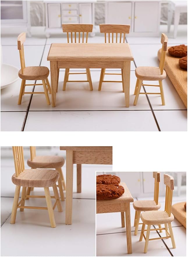 Z MAYABBO Wooden Dollhouse Furniture of Table & Chair, Miniature Dollhouse Accessories of Dining Room Accessory - 1/12 Scale