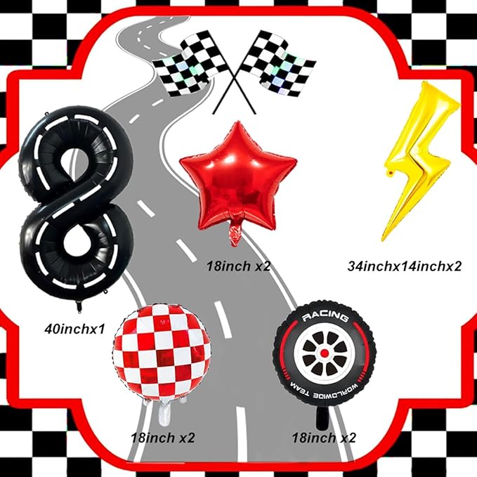 Race Car Birthday Party Decorations Large Lightning Bolt Foil Balloons Race Car Balloons 40 Inch Racetrack Number 8 Balloon for Boys 8th Race Car Birthday Party Decor Supplies