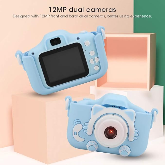 EBTOOLS Mini Cartoon Kitty Children Camera, 12MP Mini Dual Cameras USB Digital Camera Toy, with 2.0In Screen, for Taking Photos and Recording Videos, Game, Gifts for Kids(Blue)