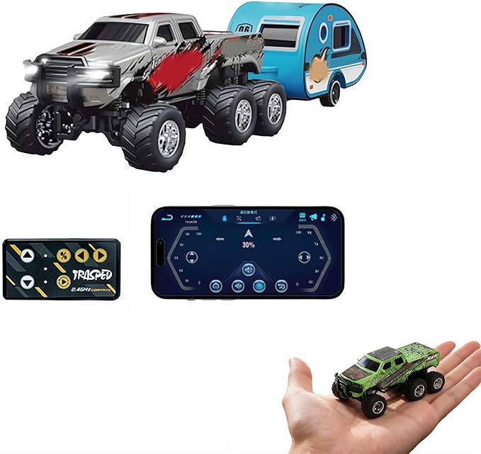 Mini Rc Truck,1/64 Scale Mini Remote Control Monster Truck with Trailer, 2.4Ghz Remote Control & APP, Rechargeable Alloy Shell RC Cars with Lights, Speed/Steering Adjustable (Gray)