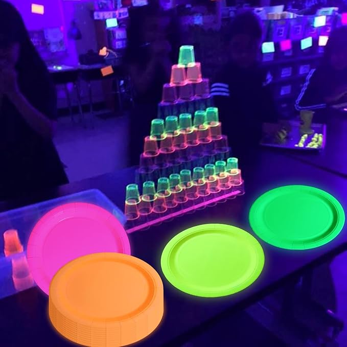 50 Pcs Glow in the Dark Neon Party Supplies, 5 Color Neon Birthday Plates Disposable Paper Plates for Let's Glow Party Decorations Halloween, 9 x 9 inches