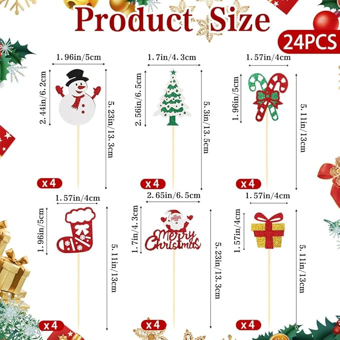 Christmas Cupcake Toppers Cake Decorations, 24 PCS Merry Christmas Cake Topper, Glitter Santa Clus Snowman Xmas Tree Decorative Cupcakes Ficks Food Picks for Xmas Holiday Party Decoration Supplies