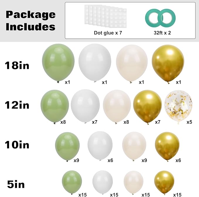 RUBFAC Sage Green White Gold Balloon Garland Arch Kit 129pcs Different Sizes Pack of 18 12 10 5 Inch, Latex Sand White Cream Confetti Gold Balloon Garland Arch Kit for Birthday Engagement Wedding