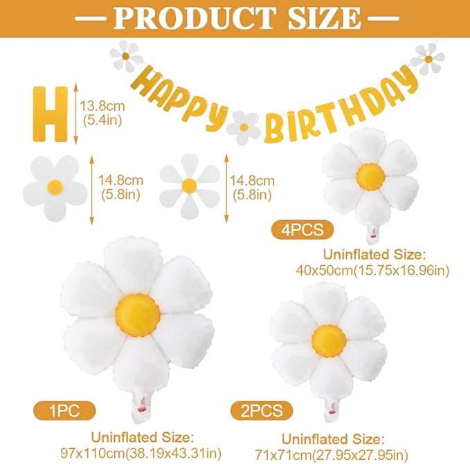 10pcs set Daisy Balloons, Shower Decoration Banners,Happy Birthday Decorations Felt Bunting for Girls Boys Birthday Party Supplies(Yellow+White)