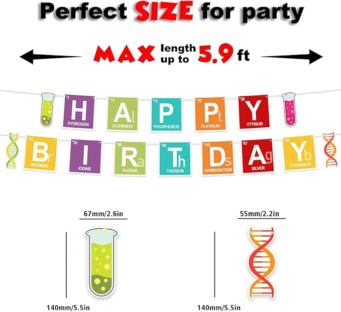 Science Happy Birthday Banner Backdrop Periodic Table Chemistry Theme Decorations Decor for School Science Laboratory Lab Science Classroom Boy Girl Kid Birthday Party Baby Shower Supplies Background