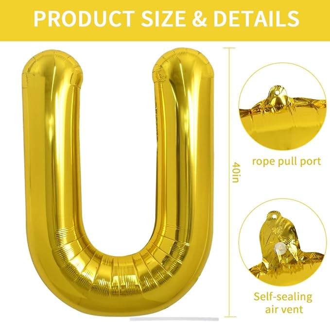 TONIFUL 40 Inch Large Gold Letter U Balloons, Foil Mylar Big Balloons for Birthday Party Anniversary Supplies Decorations