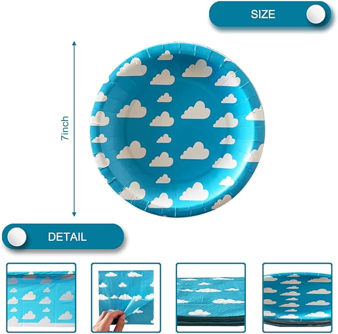 Blue Sky White Clouds Birthday Party Supplies, 20 Plates and 20 Napkins and Tablecloth71 '' x 42.5 '', Blue Sky Cartoon Theme Birthday Party Decorations for Baby Kids Shower